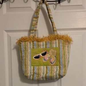 Striped Tote Bag with Sunglasses and Sandals Design